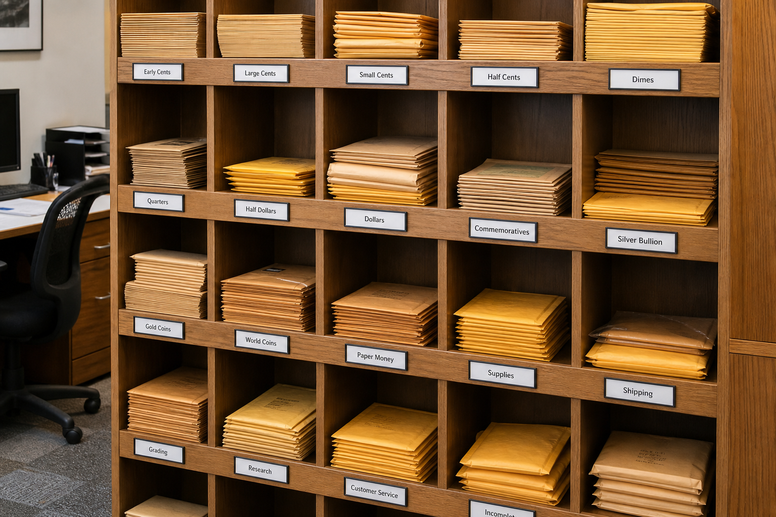 Organized shelving with labeled slots holding manila envelopes and bubble mailers for attribution packages