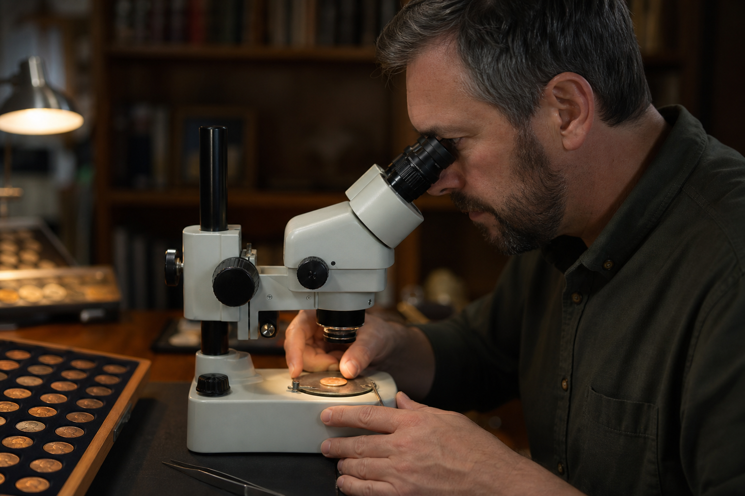 A CopperCoins attributor examining a Lincoln cent through a stereomicroscope