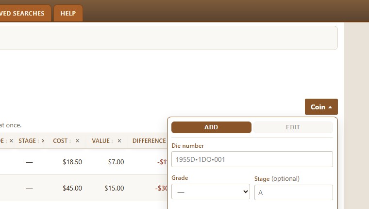 Add coin panel with die number and grade fields