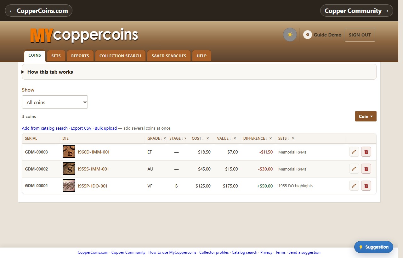 MyCoppercoins coins tab with serial numbers, grades, and set columns
